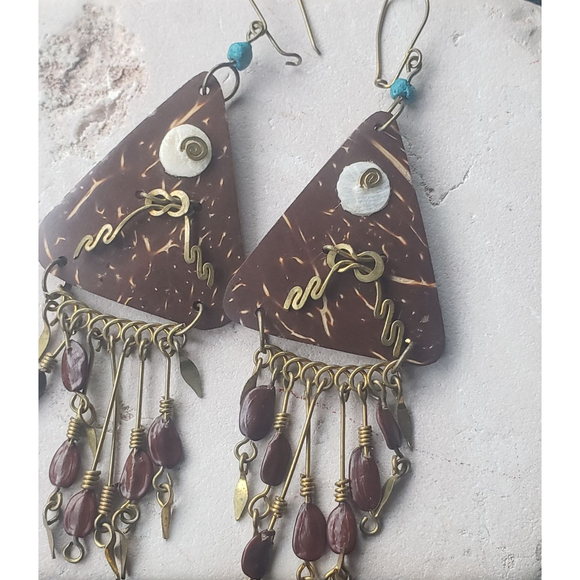 Authentic Original Vintage Style Jewelry - Brown, metal, and turquoise triangle geometric Egyptian Revival